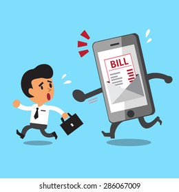 Business concept cartoon businessman escaping from smartphone and electronic bill payment