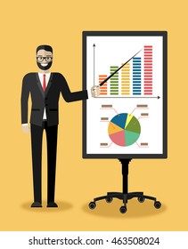 Business concept. Cartoon businessman making presentation explaining charts on a white board. Flat design, vector illustration.