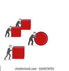 Business concept cartoon of a businessman pushing a sphere leading the race against a group of slower businessmen pushing boxes. Winning strategy, efficiency, innovation in business concept
