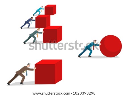 Business concept cartoon of a businessman pushing a sphere leading the race against a group of slower businessmen pushing boxes. Winning strategy, efficiency, innovation in business concept