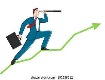 Business concept cartoon of a businessman using telescope on graphic chart. Concept for forecast, prediction, success, planning in business