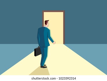 Business concept cartoon of a businessman walking towards a bright door
