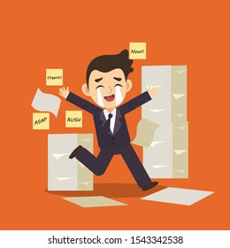 Business concept cartoon character flat vector 'Office worker /businessman with too much work to do. Many notes in the background' running and crying At the same time.