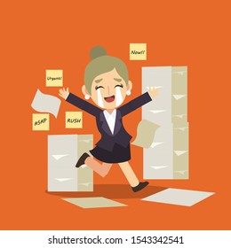 Business concept cartoon character flat vector 'Office worker /businesswoman with too much work to do. Many notes in the background' running and crying At the same time.