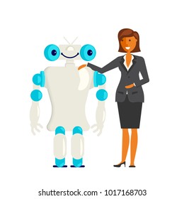 Business concept. Cartoon flat design business woman character with android. Office worker. Vector illustration eps 10