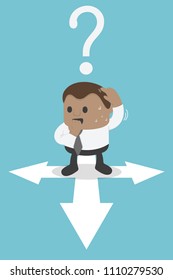 Business Concept Cartoon Illustration African businessman standing and confused by direction signs