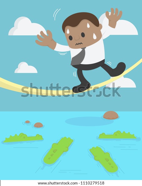 Business Concept Cartoon Illustration. African\
businessman  walking up rope underneath crocodile. business crisis\
concept risk