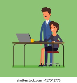 Business concept. Cartoon business man and woman working at office. Time to make changes. Flat design, vector illustration.