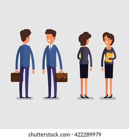 Business concept. Cartoon business man and woman in standing poses. Office workers, front and rear view. Flat design, vector illustration.