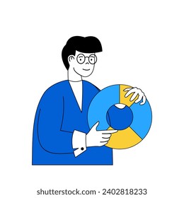 Business concept with cartoon people in flat design for web. Man analyzes financial data at diagram, calculating and auditing revenue. Vector illustration for social media banner, marketing material.