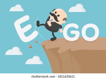 Business concept cartoon Senior Elderly businessmen  is an egoist with word ego kicked off the cliff
