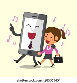 Business concept cartoon smartphone and a businesswoman walking and singing together