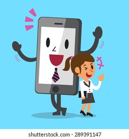 Business concept cartoon smartphone and businesswoman standing together smiling