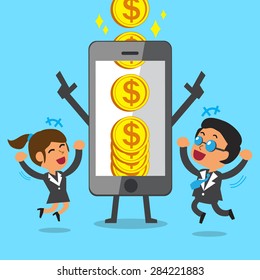 Business concept cartoon smartphone help business team to earn big coins