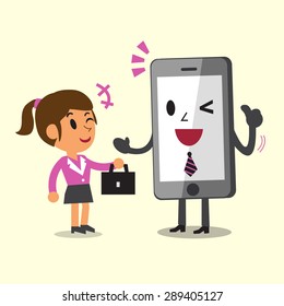 Business Concept Cartoon Smartphone Help Businesswoman to Work