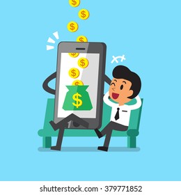 Business concept cartoon smartphone help businessman to earn money