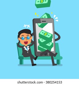 Business concept cartoon smartphone help businessman to earn money stack