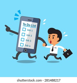 Business concept cartoon smartphone running to work with a businessman