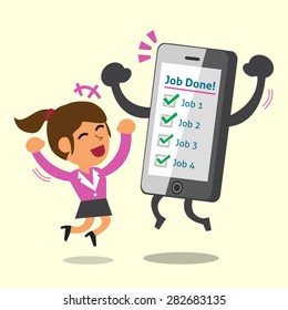 Business concept cartoon smartphone and a woman completed their jobs