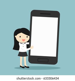 Business concept, Cartoon business woman holding smartphone with blank screen. Vector illustration.