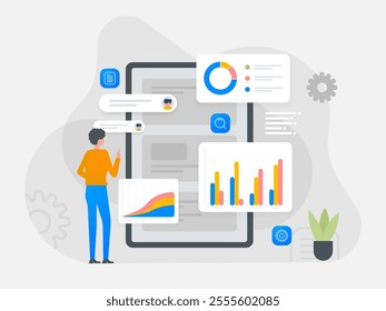 Business concept character illustration. Data analysis, statistics, success, purpose, goal, business life.  
