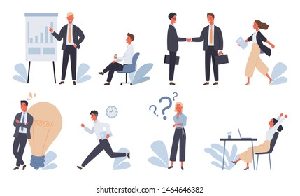 Business concept. A character set of an office worker man in various poses and situations. Vector illustration in a flat style