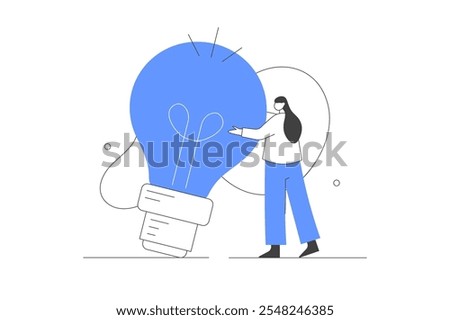 Business concept. Character working and looking for creative ideas. Holding light bulb. Creative solution, inspirational plan, creativity idea. Flat Cartoon Vector Illustration, icon. Stylish Modern