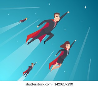 Caracteres de concepto de negocio. Un equipo profesional que trabaja poderosos superhéroes en acción plantea un entorno corporativo vectorial. Ilustración de superhéroes, héroe del equipo de negocios