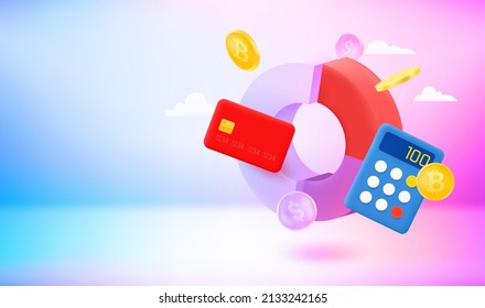 Business concept with chart and money. 3d vector banner with copy space
