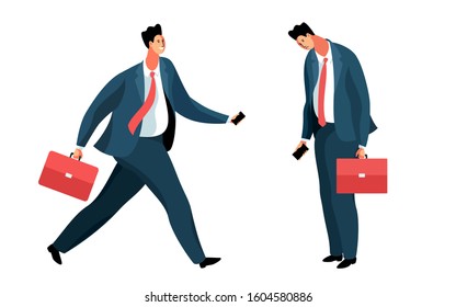 Business concept. Cheerful and active businessman running to sad and depressed colleague. Cartoon male characters in office clothes, with briefcases and smartphones. Vector illustration