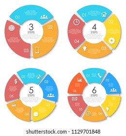 Business concept of circle infographic template with 3, 4, 5, 6 options for graph, presentation and round chart. Vector illustration.