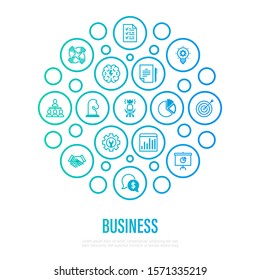 Business concept in circle shape. Thin line icons. Symbols of success, strategy, finance planning 