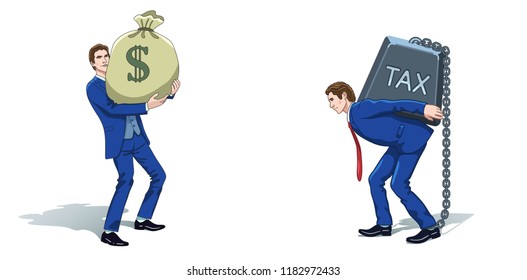 Business concept clipart. Businessman with money bag and carrying tax weight. Colorful cartoon characters. Vector illustration. 