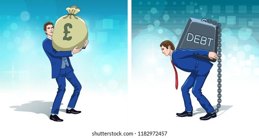 Business concept clipart. Businessman with money bag and carrying debt weight. Colorful cartoon characters. Vector illustration. 