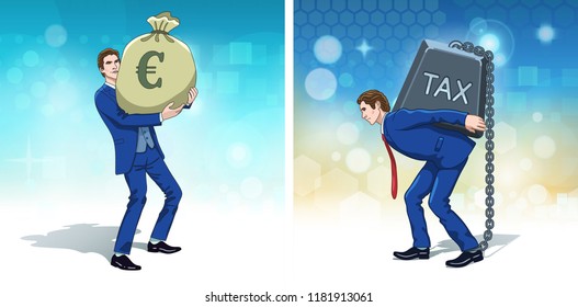 Business concept clipart. Business man with cash bag. Businessman carrying tax weight. Colorful cartoon characters. Vector illustration. 