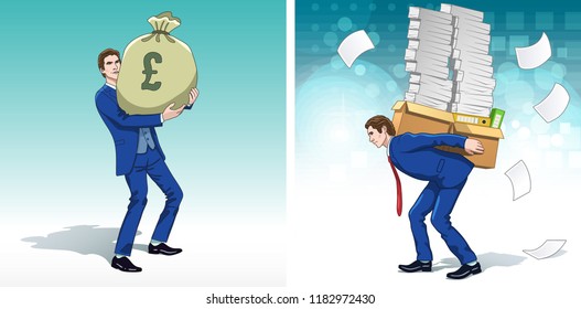 Business concept clipart. Business man with money bag. Businessman carrying financial reports. Colorful cartoon characters. Vector illustration. 