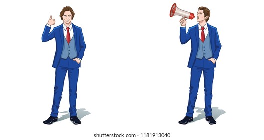 Business Concept Clipart. Business Man. Thumbs Up Hand Gesture. Loudspeaker Announcing. Colorful Cartoon Characters. Vector Illustration. 