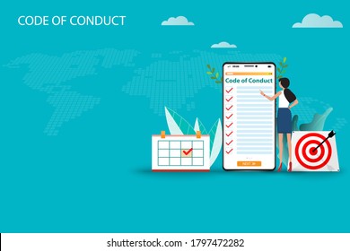 Business concept of code of conduct, businesswoman is standing near a big smartphone that the display contain list of code of conduct to read and understand each topic in green color background.