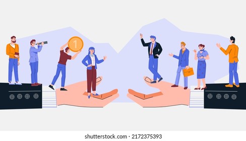 Concepto empresarial de colaboración y cooperación, ilustración vectorial plana aislada en fondo blanco. Acuerdo de asociación comercial o celebración de acuerdo. Proyecto B2B.