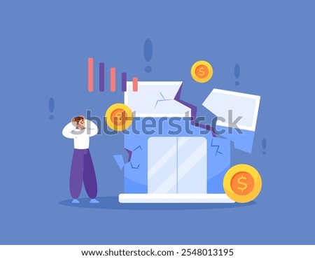 business concept collapse. small and medium enterprises or sme bankrupt and failed. problems and failures in entrepreneurship. a businessman was shocked because his shop was about to collapse. flat