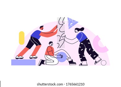 Business concept. Command metaphor. Team building. People juggling elements. Vector illustration of the style of flat design. Symbol of teamwork, collaboration, partnership.