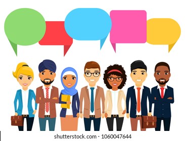 Business concept. Communications of businessmen of different ethnic groups.  Asian, Latin American, African, European, Indian, Arab. Team work. Flat style on white background. Cartoon.