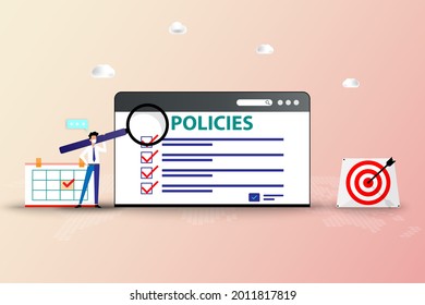 Business concept of company policy, businessman is holding a big magnifier and focus on a big screen of web browser that contain list of company policy in pastel color background.