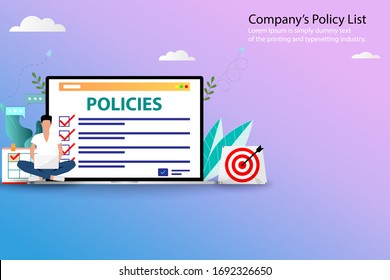Business concept of company's policy, businessman is working with his laptop and sit in front of the display that contain company's policy in pastel color background.