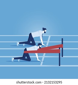 Business concept of competition and business advantage, businessman ready to run from start line with catapult sling shot on racing track