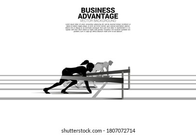 Business concept of competition and business advantage. Silhouette of businesswoman ready to run from start line with catapult sling shot on racing track.