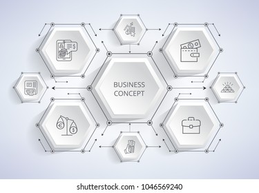 Business concept complicated profitable scheme with minimalistic icons and arrows isolated cartoon monochrome vector illustration on white background.