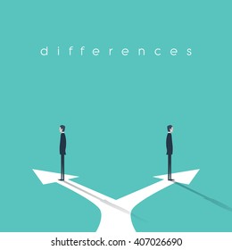 Business concept of confrontation, different opinions and disagreement. Two businessmen standing in opposite directions. Eps10 vector illustration.