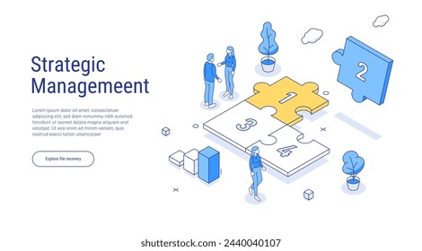 Concepto de negocio. Conectar rompecabezas como metáfora de objetivos, logros, éxito, desafío. Resolución de problemas, gestión estratégica. Ilustración vectorial isométrica de contorno aislada. estilo de línea 3d.