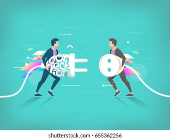 Business concept of connection and partnership. Socket and plug. Geometric elements. Vector flat illustration.